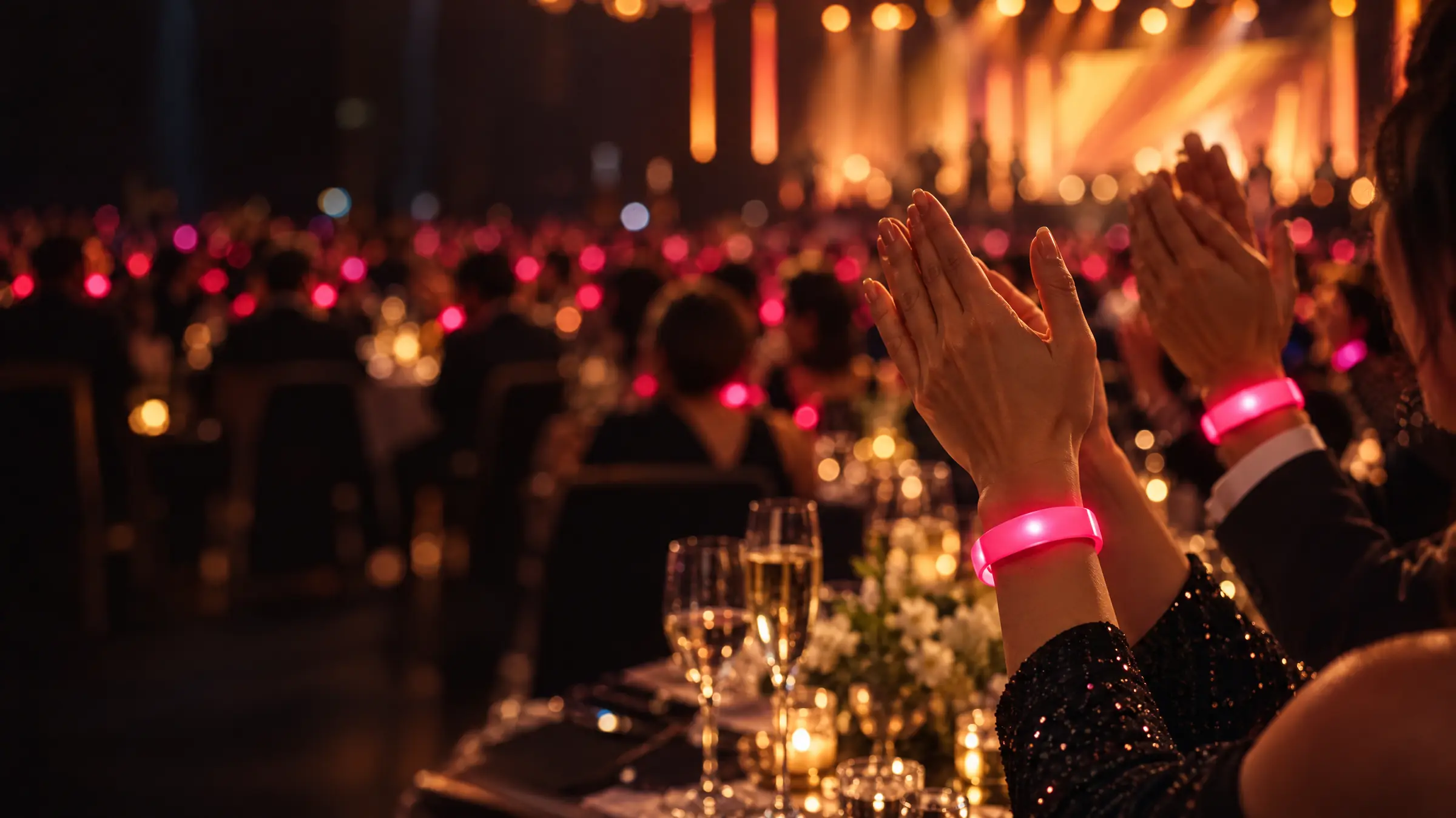 Guests at a gala dinner applaud with LED bracelets glowing magenta on their wrists